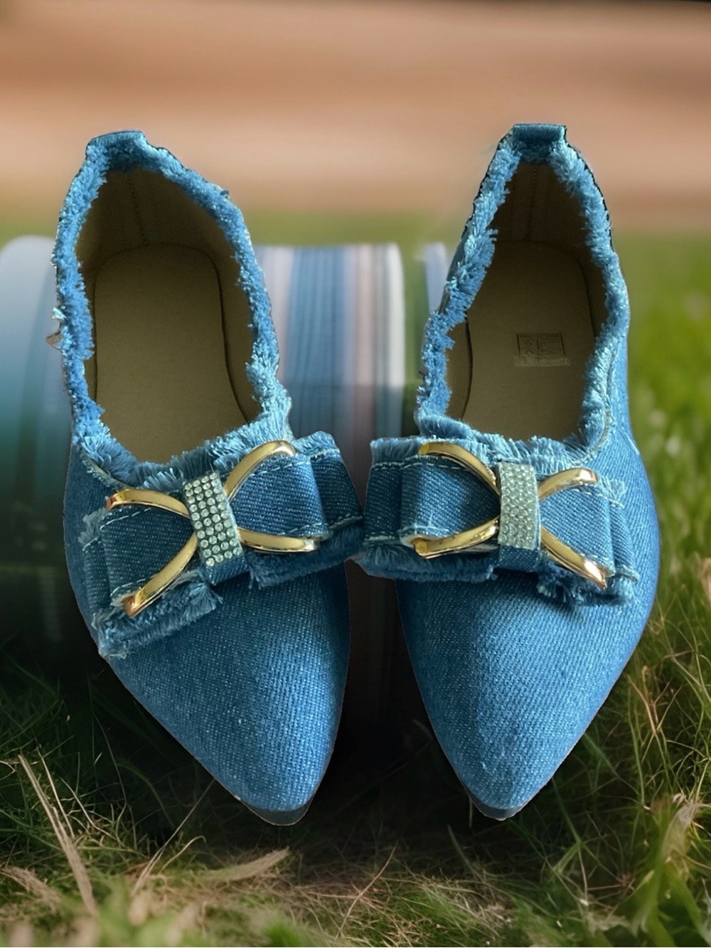 Denim Blue Pointed Toe Flats Gold Bow Rhinestone Accent Size 40 / US 9 - Picture 3 of 10
